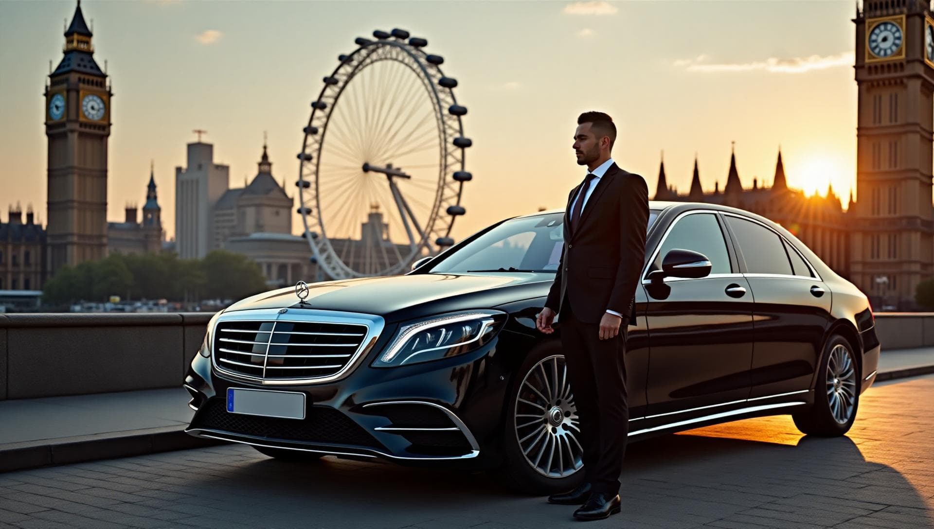 Chauffeur-driven executive saloon on a London street at dusk