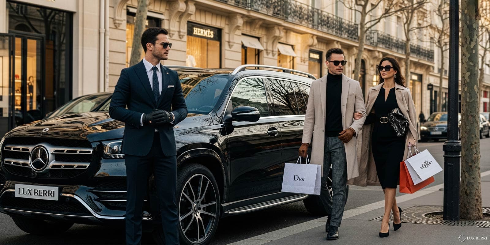 Executive chauffeur waiting beside a luxury vehicle